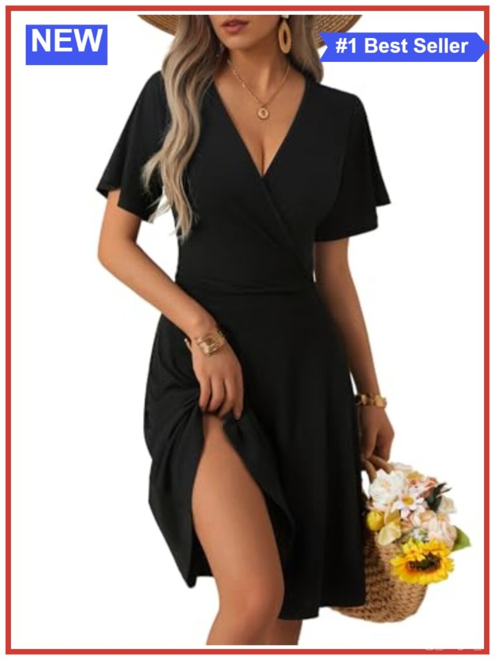 FENSACE Women Summer Wrap V Neck Midi Dress Flowy Ruffle Sleeve
